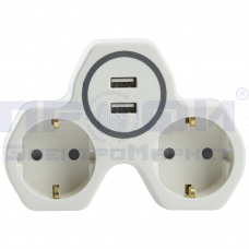 Разветвитель сетевой 2-местный с 2-мя выходами USB, с/з, ADP16-14-20