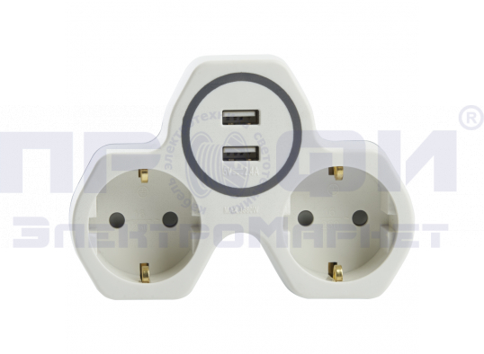Разветвитель сетевой 2-местный с 2-мя выходами USB, с/з, ADP16-14-20