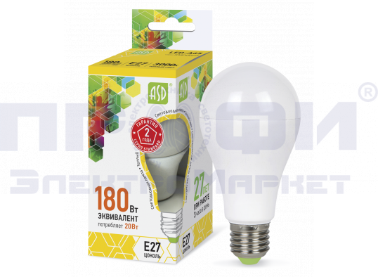 Лампа светодиодная LED-A60-standard 20Вт 230В Е27 3000К 1800Лм ASD