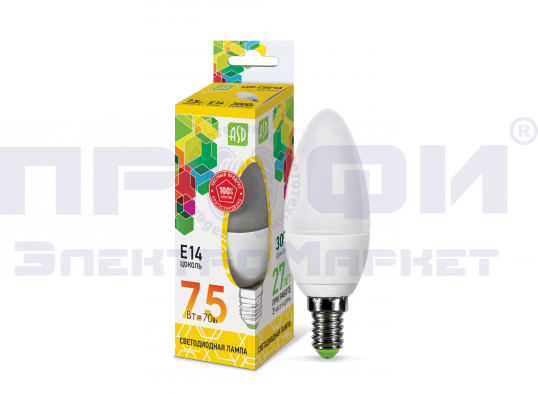 Лампа светодиодная LED-СВЕЧА-standard 7.5Вт 230В Е14 3000К 675Лм ASD