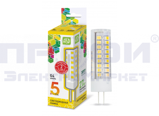 Лампа сд LED-JC-standard 5Вт 12В G4 3000К 450Лм ASD